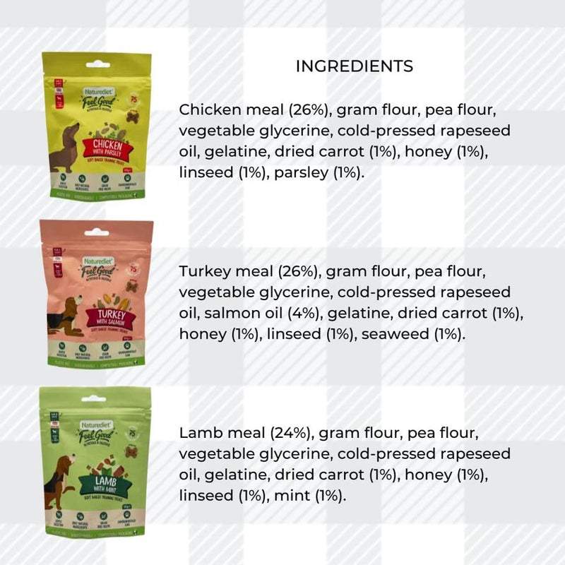 AETN Creations Naturediet Soft Baked Training Treats Mixed Variety Pack 3x100g Chicken, Salmon and Lamb plus AETN Jerky Treat, Train and Reward Your Pup