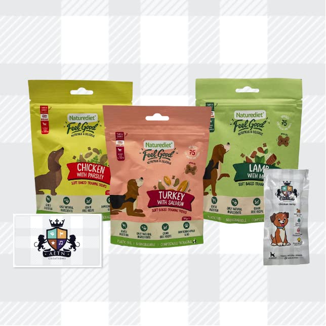 AETN Creations Naturediet Soft Baked Training Treats Mixed Variety Pack 3x100g Chicken, Salmon and Lamb plus AETN Jerky Treat, Train and Reward Your Pup