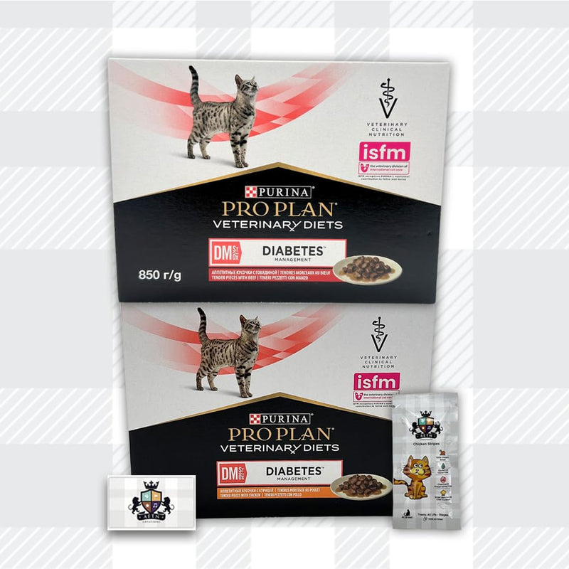 AETN Creations Pro Plan DM Diabetes Management Wet Adult Cat Food in Chicken and Beef - 20x85g Complete with Delicious AETN Chicken Cat Treat