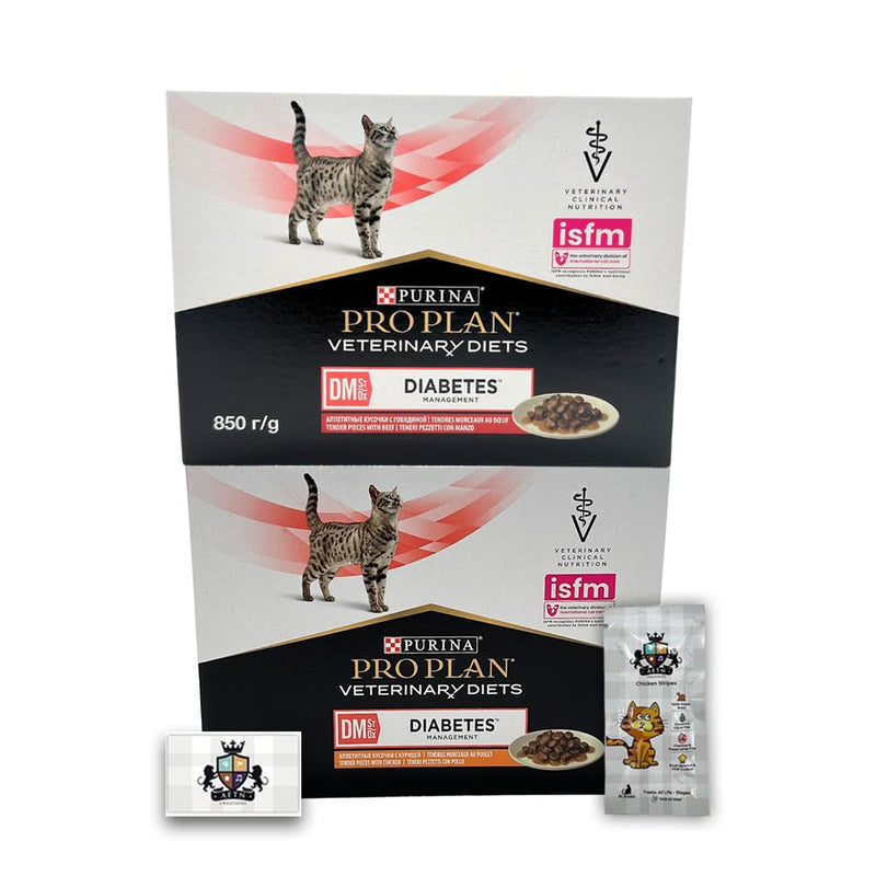 AETN Creations Pro Plan DM Diabetes Management Wet Adult Cat Food in Chicken and Beef - 20x85g Complete with Delicious AETN Chicken Cat Treat