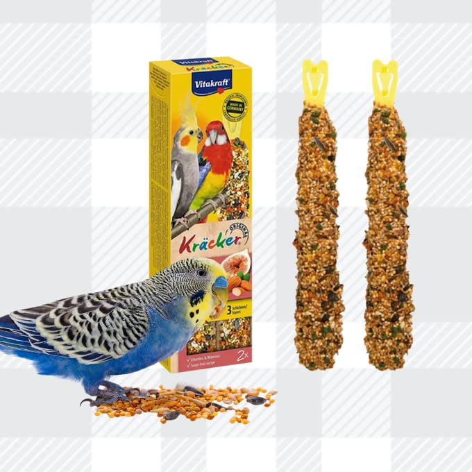 AETN Creations Vitakraft Parakeet Crackers, Almonds and Fig Pack of 2x180g (4 sticks) with AETN Fridge Magnet, Premium Bird Food for your Bird Cage