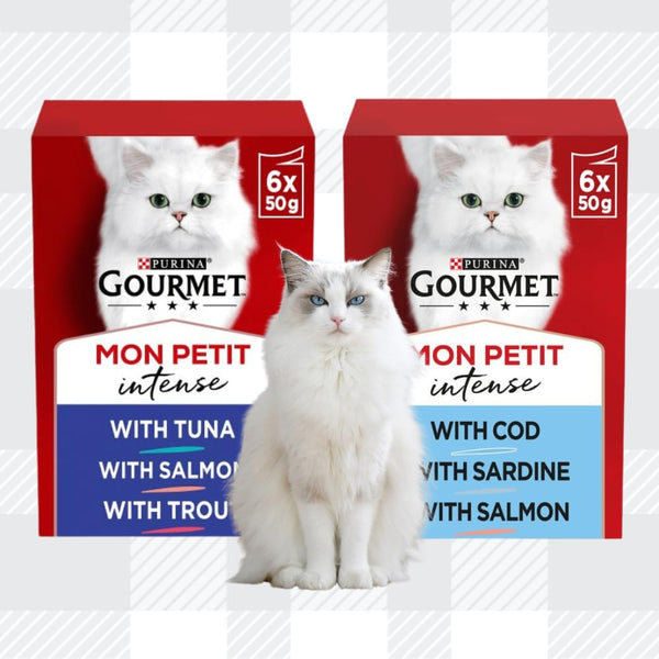 AETN Creations Delicious Gourmet Mon Petit Fish 6x50g and Ocean Selection 6x50g Premium, Balanced and Complete Adult Wet Cat Food with AETN Cat Treat and Toy