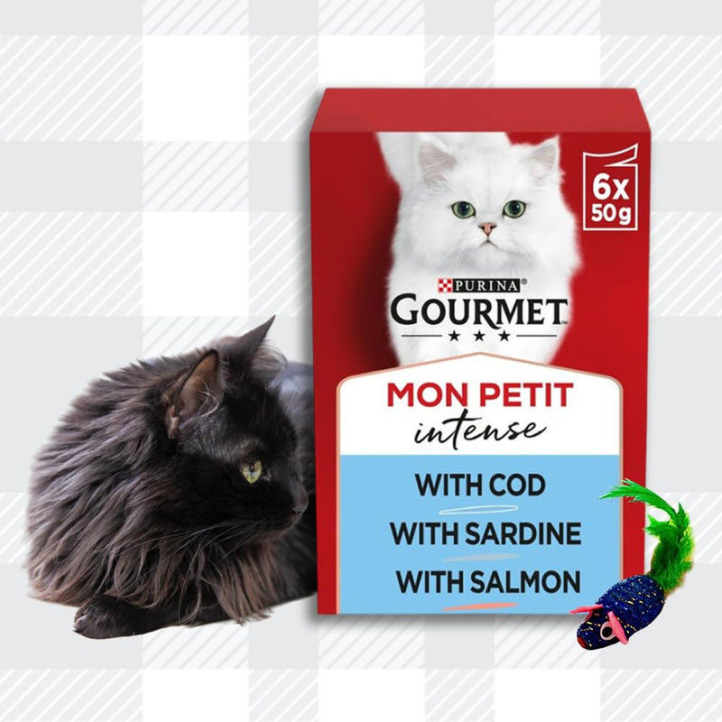 AETN Creations Delicious Gourmet Mon Petit Fish 6x50g and Ocean Selection 6x50g Premium, Balanced and Complete Adult Wet Cat Food with AETN Cat Treat and Toy