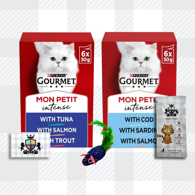 AETN Creations Delicious Gourmet Mon Petit Fish 6x50g and Ocean Selection 6x50g Premium, Balanced and Complete Adult Wet Cat Food with AETN Cat Treat and Toy