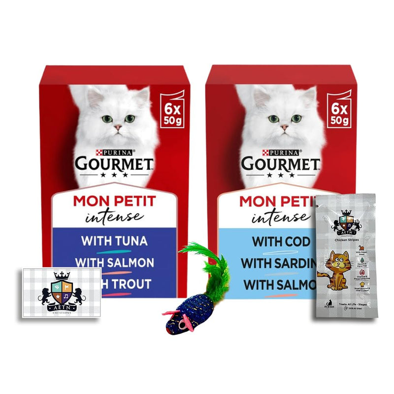 AETN Creations Delicious Gourmet Mon Petit Fish 6x50g and Ocean Selection 6x50g Premium, Balanced and Complete Adult Wet Cat Food with AETN Cat Treat and Toy