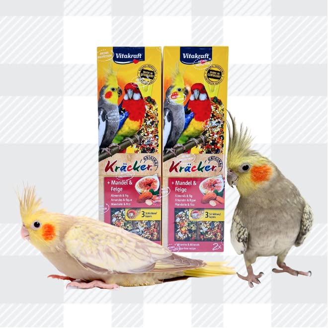 AETN Creations Vitakraft Parakeet Crackers, Almonds and Fig Pack of 2x180g (4 sticks) with AETN Fridge Magnet, Premium Bird Food for your Bird Cage