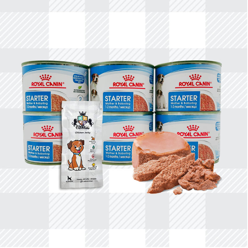 AETN Creations Starter Puppy Mousse Pack 6x195g Wet Tins Mother and Babydog plus AETN Jerky Dog Treat Balanced Nutrition for Young Puppies