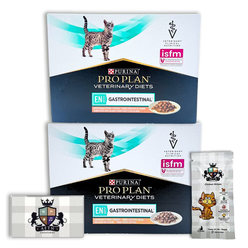 AETN Creations Pro Plan Gastrointestinal Wet Cat Food Mixed Pack 10x85g Chicken 10x85g Salmon with AETN Cat Treat Nourishing Digestive Health Formula