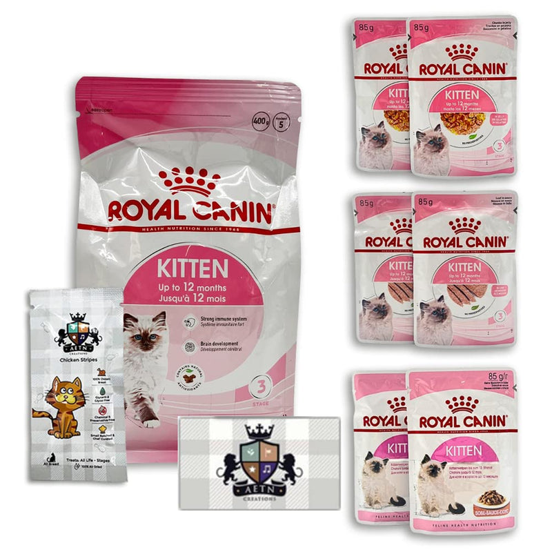 AETN Creations Royal Canin Kitten Wet + Dry Bundle for Happy, Healthy Kittens 1x400g, 2x85g Jelly, 2x85g Gravy, 2x85g Loaf with Delicious AETN Chicken Cat Treat