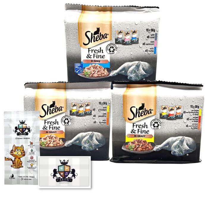 AETN Creations Sheba Fresh and Fine Multi Pack 45x50g Wet Pouches in Poultry, Fish and Meat in Gravy plus AETN Chicken Cat Treat Variety Meal Pack for Adult Cats