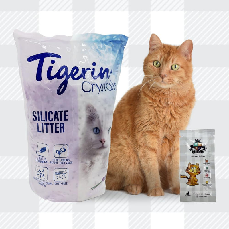 AETN Creations Tigerino Crystals Lavender Cat Litter (5L) plus AETN Creations Chicken Cat Treat | Economical, Lightweight, and Dust-Free Litter Choice