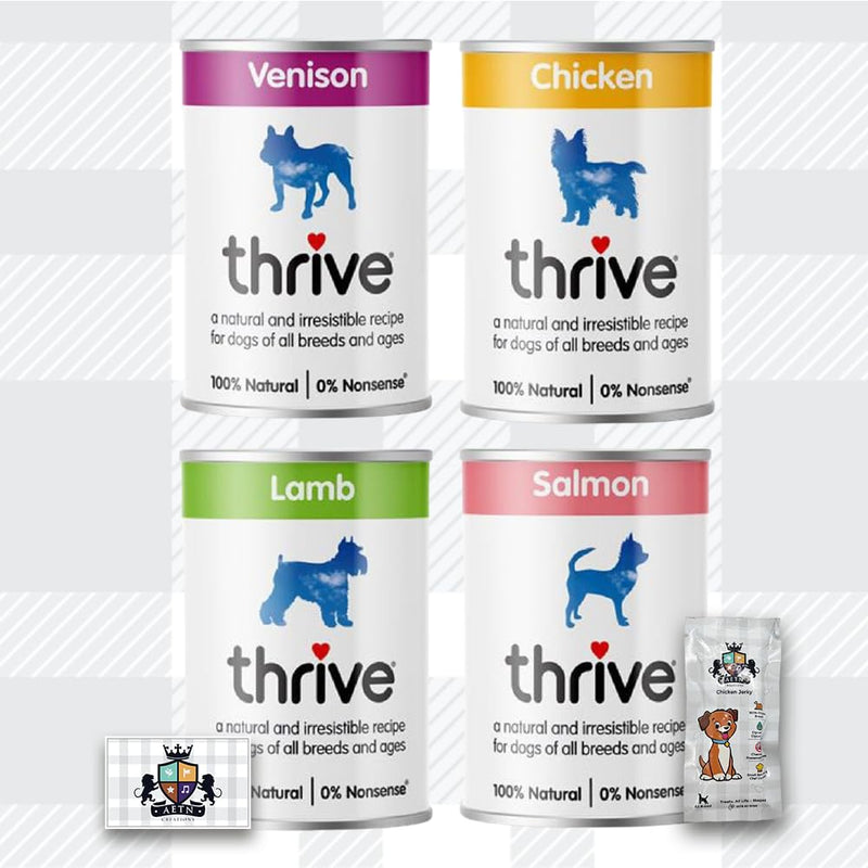 AETN Creations Thrive Wet Adult Dog Food - 4x400g Premium Nutrition for Health and Vitality - Lamb, Salmon, Venison, Chicken Flavors and AETN Dog Treat