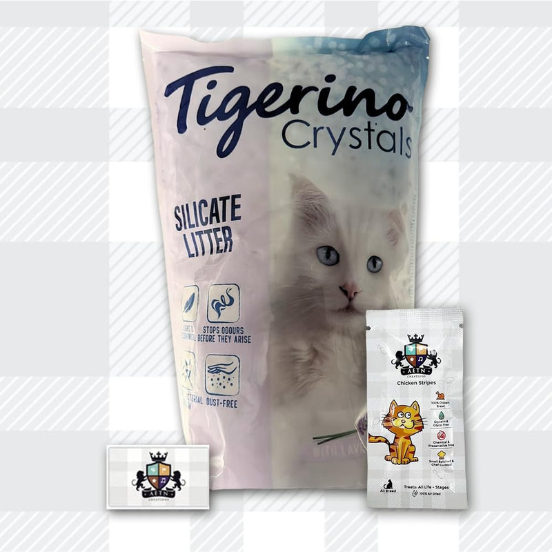 AETN Creations Tigerino Crystals Lavender Cat Litter (5L) plus AETN Creations Chicken Cat Treat | Economical, Lightweight, and Dust-Free Litter Choice