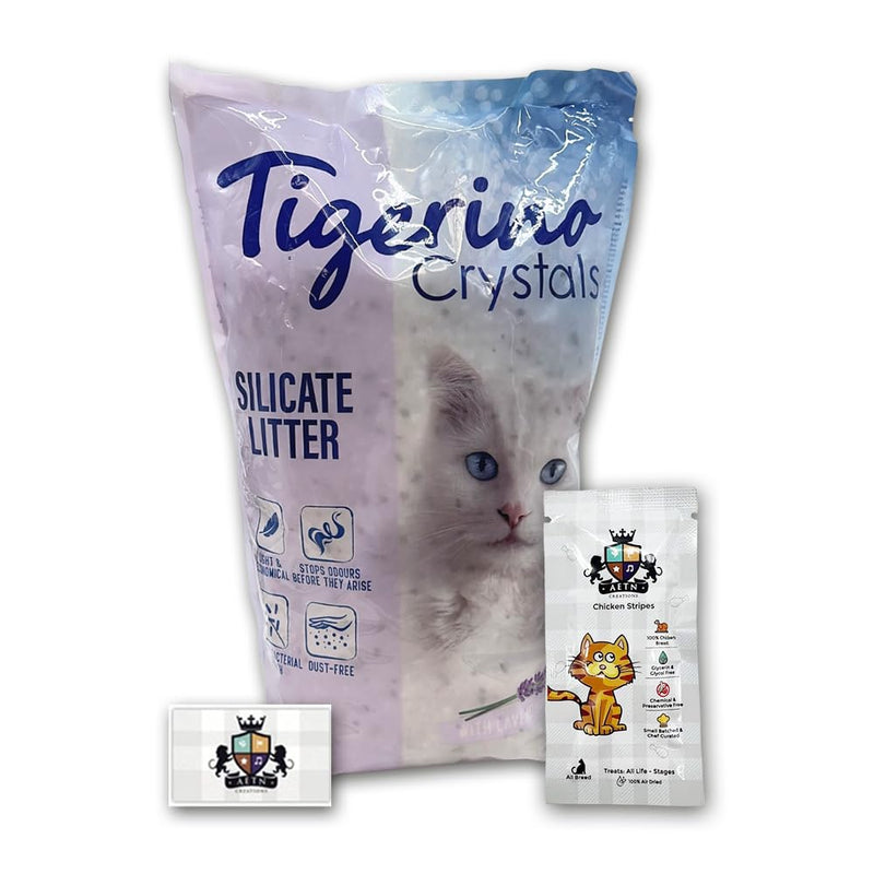 AETN Creations Tigerino Crystals Lavender Cat Litter (5L) plus AETN Creations Chicken Cat Treat | Economical, Lightweight, and Dust-Free Litter Choice