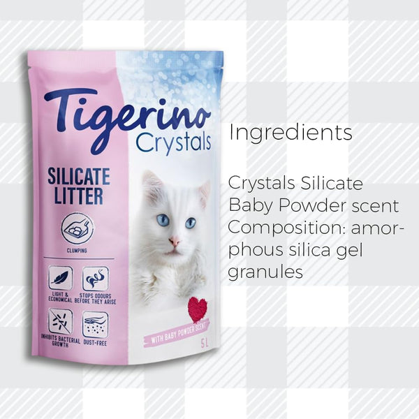 AETN Creations Tigerino Crystals Silicate Clumping Cat Litter Baby Powder Scent 5L Bag Extremely Absorbent, Low-Dust, Stops Control with AETN Cat Treat