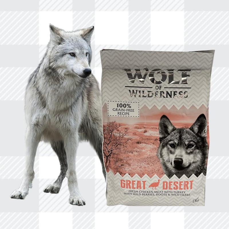 AETN Creations Wolf of Wilderness Adult Great Desert - Turkey Dry Dog Food 1kg A Premium Grain-Free Recipe for Wildly Healthy Dogs with AETN Jerky Treat