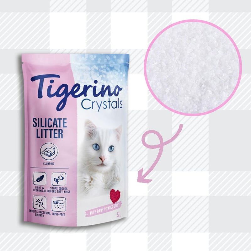 AETN Creations Tigerino Crystals Silicate Clumping Cat Litter Baby Powder Scent 5L Bag Extremely Absorbent, Low-Dust, Stops Control with AETN Cat Treat