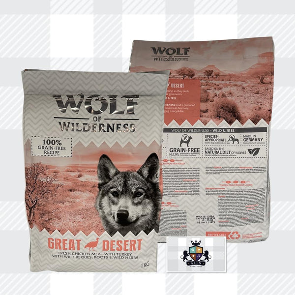 AETN Creations Wolf of Wilderness Adult Great Desert - Turkey Dry Dog Food 1kg A Premium Grain-Free Recipe for Wildly Healthy Dogs with AETN Jerky Treat