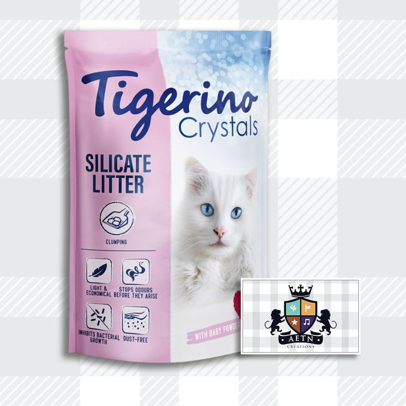 AETN Creations Tigerino Crystals Silicate Clumping Cat Litter Baby Powder Scent 5L Bag Extremely Absorbent, Low-Dust, Stops Control with AETN Cat Treat