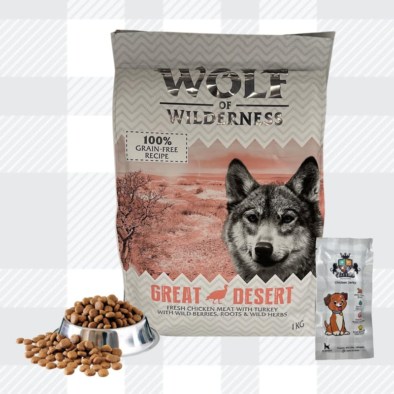 AETN Creations Wolf of Wilderness Adult Great Desert - Turkey Dry Dog Food 1kg A Premium Grain-Free Recipe for Wildly Healthy Dogs with AETN Jerky Treat