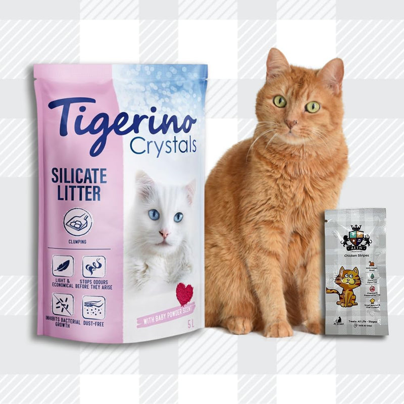 AETN Creations Tigerino Crystals Silicate Clumping Cat Litter Baby Powder Scent 5L Bag Extremely Absorbent, Low-Dust, Stops Control with AETN Cat Treat