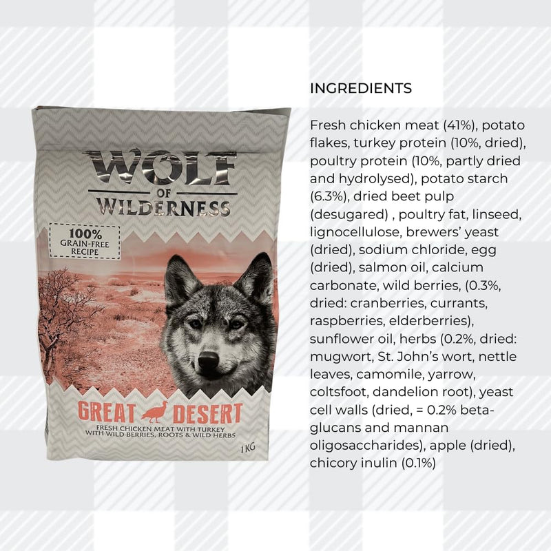 AETN Creations Wolf of Wilderness Adult Great Desert - Turkey Dry Dog Food 1kg A Premium Grain-Free Recipe for Wildly Healthy Dogs with AETN Jerky Treat