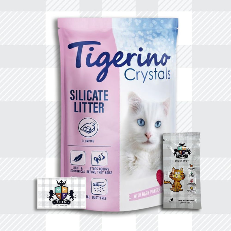 AETN Creations Tigerino Crystals Silicate Clumping Cat Litter Baby Powder Scent 5L Bag Extremely Absorbent, Low-Dust, Stops Control with AETN Cat Treat