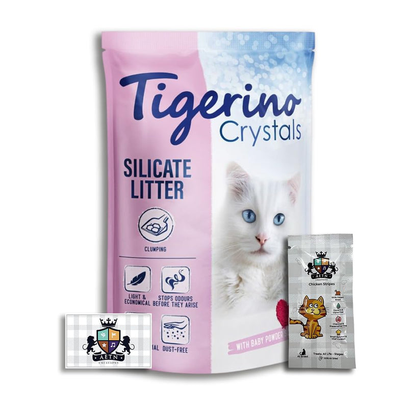 AETN Creations Tigerino Crystals Silicate Clumping Cat Litter Baby Powder Scent 5L Bag Extremely Absorbent, Low-Dust, Stops Control with AETN Cat Treat