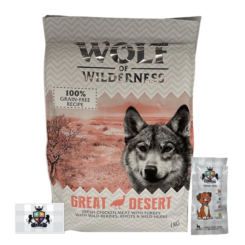 AETN Creations Wolf of Wilderness Adult Great Desert - Turkey Dry Dog Food 1kg A Premium Grain-Free Recipe for Wildly Healthy Dogs with AETN Jerky Treat