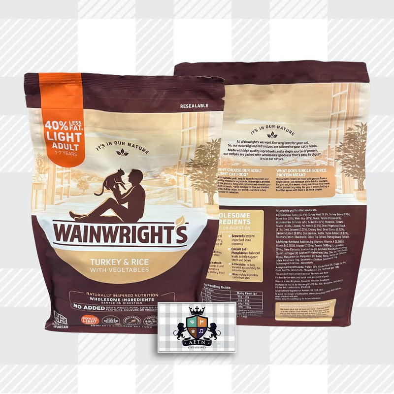 AETN Creations Wainwright's Light Dry Adult Cat Food Turkey & Rice With Vegetables 1.5kg Low-Calorie Formula for Feline Weight Management with AETN Cat Treat