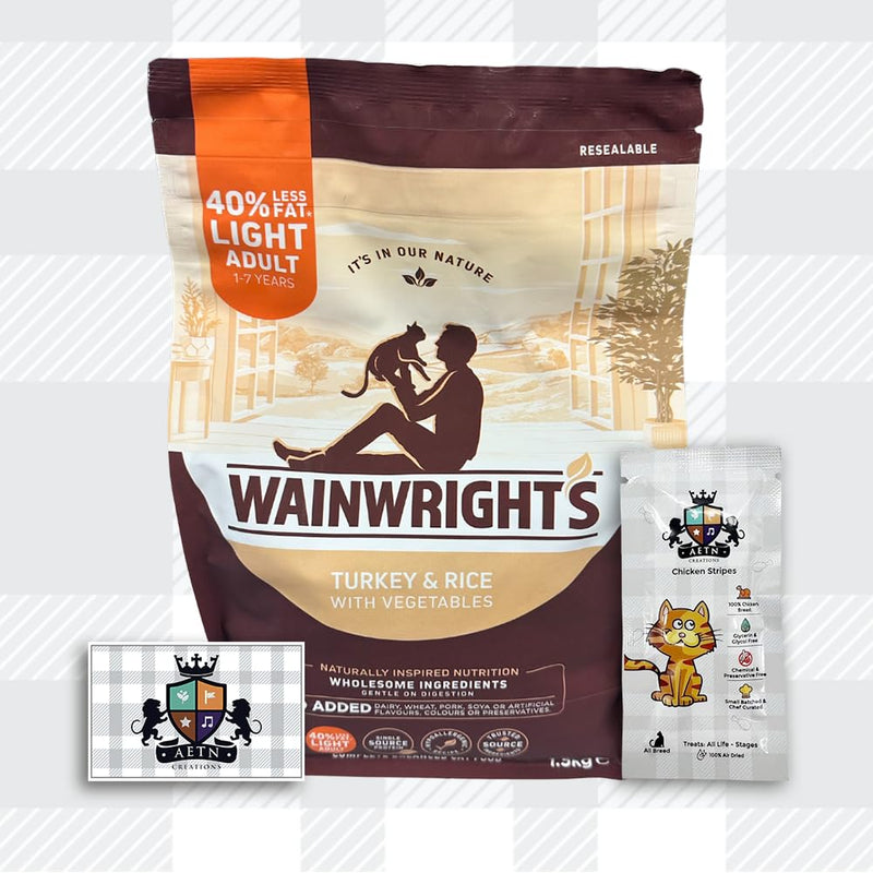 AETN Creations Wainwright's Light Dry Adult Cat Food Turkey & Rice With Vegetables 1.5kg Low-Calorie Formula for Feline Weight Management with AETN Cat Treat