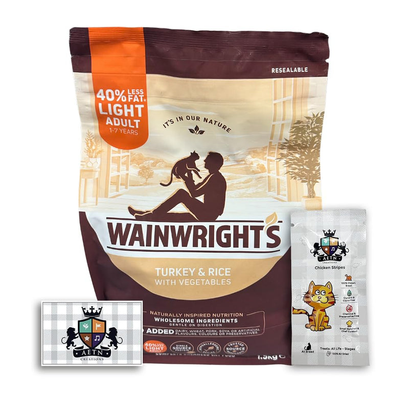 AETN Creations Wainwright's Light Dry Adult Cat Food Turkey & Rice With Vegetables 1.5kg Low-Calorie Formula for Feline Weight Management with AETN Cat Treat