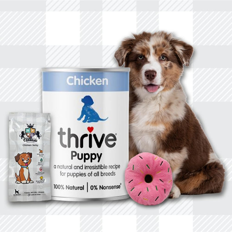 AETN Creations Thrive Puppy Wet Food Chicken 2x400g Premium, Nutrient-Rich, Delicious Food for Healthy Growth with AETN Dog Treat and Plush Doughnut Toy