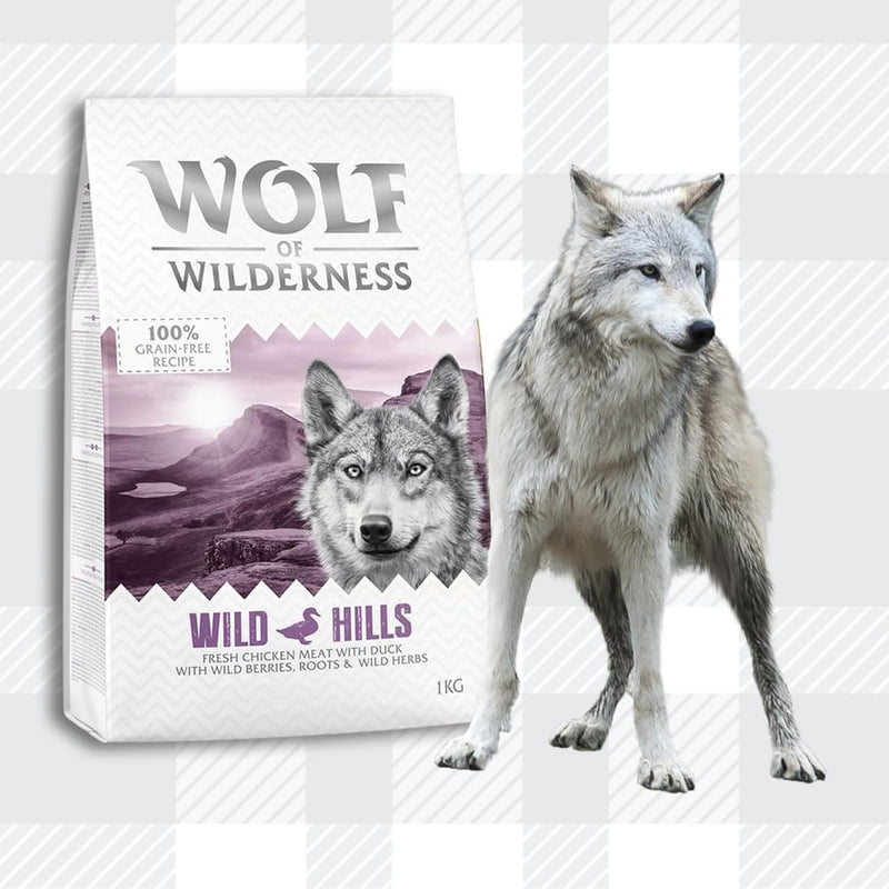 AETN Creations Wolf of Wilderness Adult Wild Hills 1kg - Chicken and Duck Flavour Grain-Free, Premium Quality Protein Dry Dog Food with AETN Jerky Treat