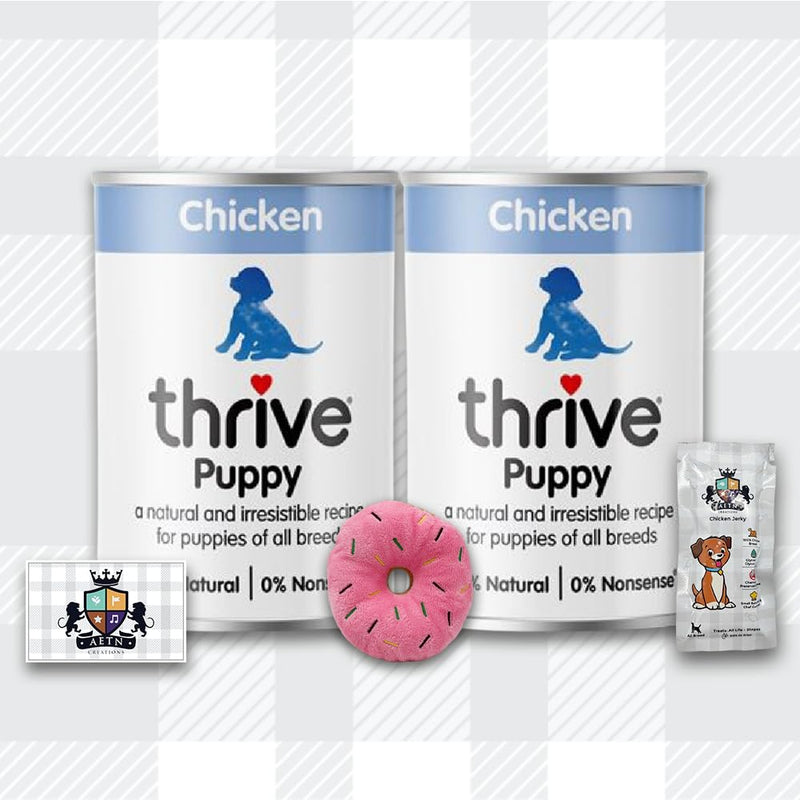 AETN Creations Thrive Puppy Wet Food Chicken 2x400g Premium, Nutrient-Rich, Delicious Food for Healthy Growth with AETN Dog Treat and Plush Doughnut Toy