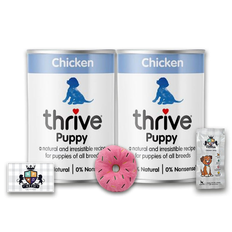 AETN Creations Thrive Puppy Wet Food Chicken 2x400g Premium, Nutrient-Rich, Delicious Food for Healthy Growth with AETN Dog Treat and Plush Doughnut Toy