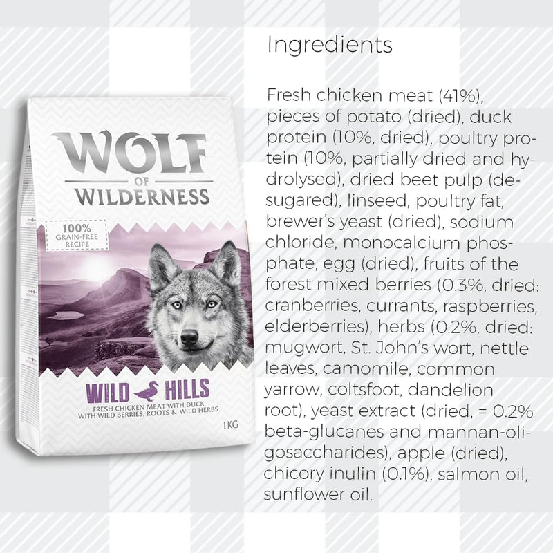 AETN Creations Wolf of Wilderness Adult Wild Hills 1kg - Chicken and Duck Flavour Grain-Free, Premium Quality Protein Dry Dog Food with AETN Jerky Treat