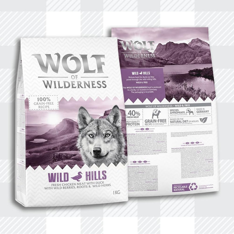 AETN Creations Wolf of Wilderness Adult Wild Hills 1kg - Chicken and Duck Flavour Grain-Free, Premium Quality Protein Dry Dog Food with AETN Jerky Treat