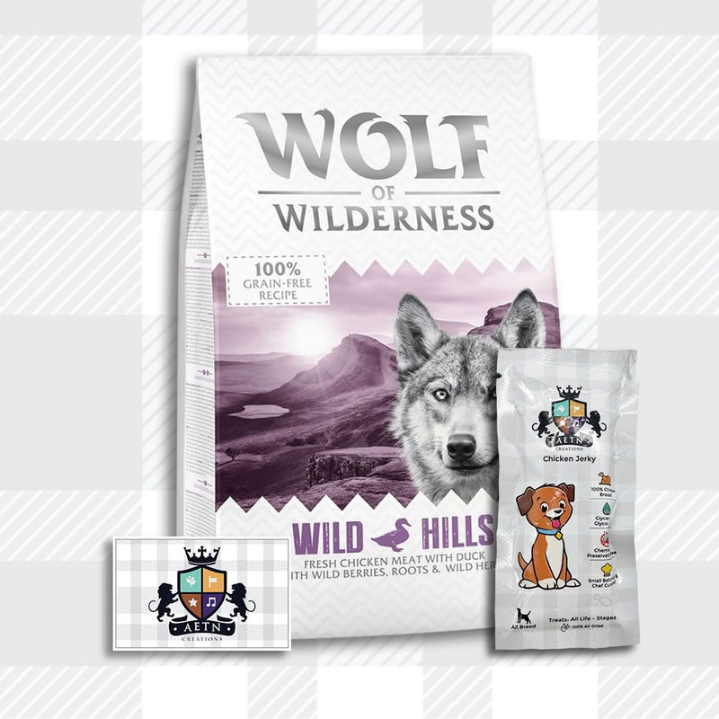 AETN Creations Wolf of Wilderness Adult Wild Hills 1kg - Chicken and Duck Flavour Grain-Free, Premium Quality Protein Dry Dog Food with AETN Jerky Treat