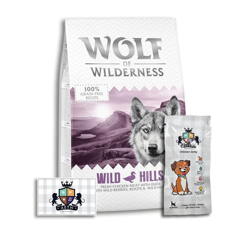 AETN Creations Wolf of Wilderness Adult Wild Hills 1kg - Chicken and Duck Flavour Grain-Free, Premium Quality Protein Dry Dog Food with AETN Jerky Treat