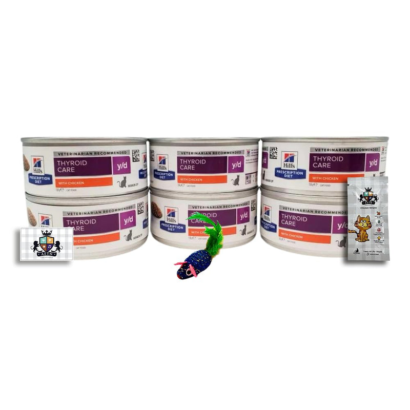 AETN Creations Y/D Thyroid Care Wet Cat Food 6x156g Bundle plus AETN Creations Chicken Cat Treat, Dietetic Dry Food for Cats with Thyroid Problems