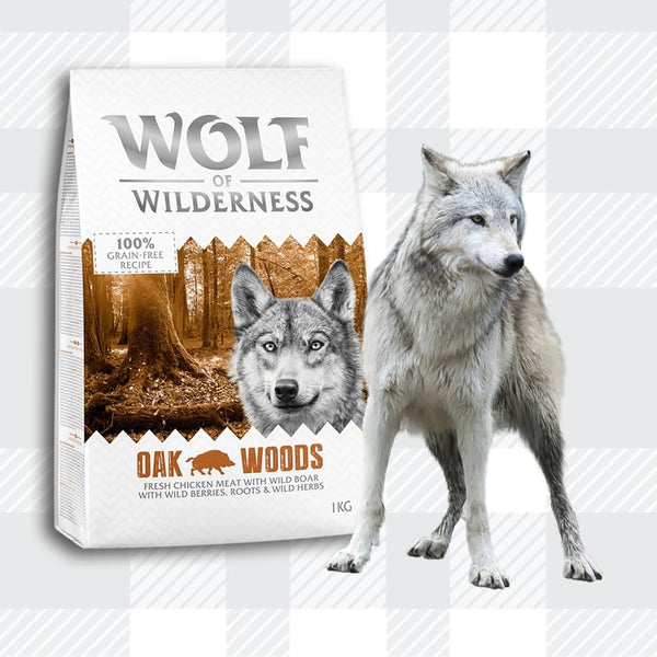 AETN Creations Wolf of Wilderness Oak Woods 1kg Dry Adult Food in Chicken and Wild Boar Protein, Grain-free Recipe with AETN Jerky Dog Treat