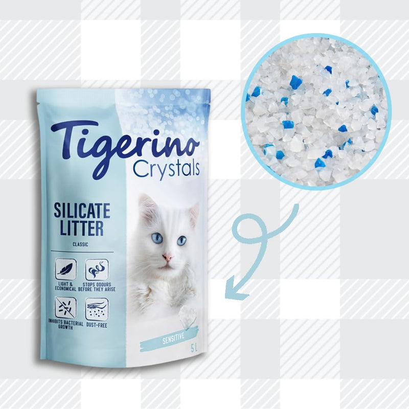 AETN Creations Tigerino Crystals Cat Litter Sensitive - 5L Cat Litter (Fragrance Free) plus AETN Creations Chicken Cat Treat, Ideal for Sensitive Cats