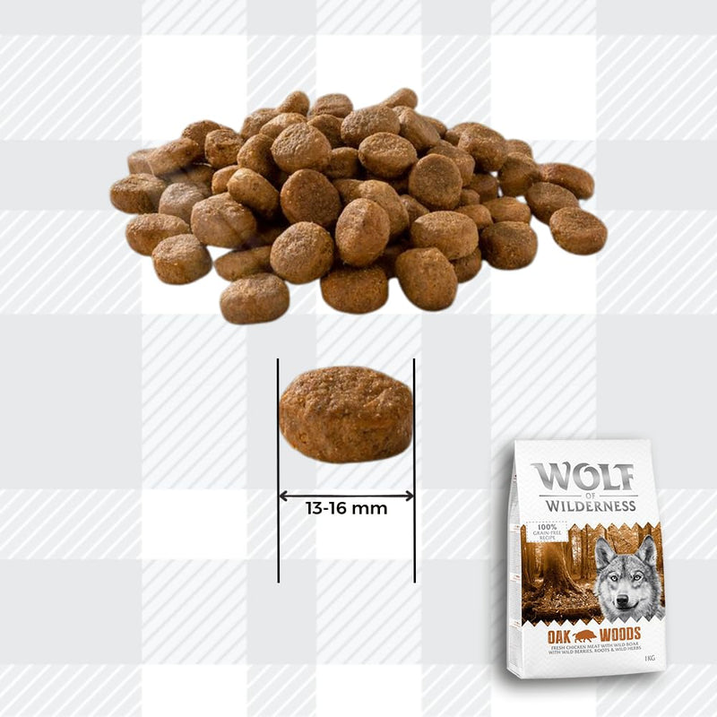 AETN Creations Wolf of Wilderness Oak Woods 1kg Dry Adult Food in Chicken and Wild Boar Protein, Grain-free Recipe with AETN Jerky Dog Treat