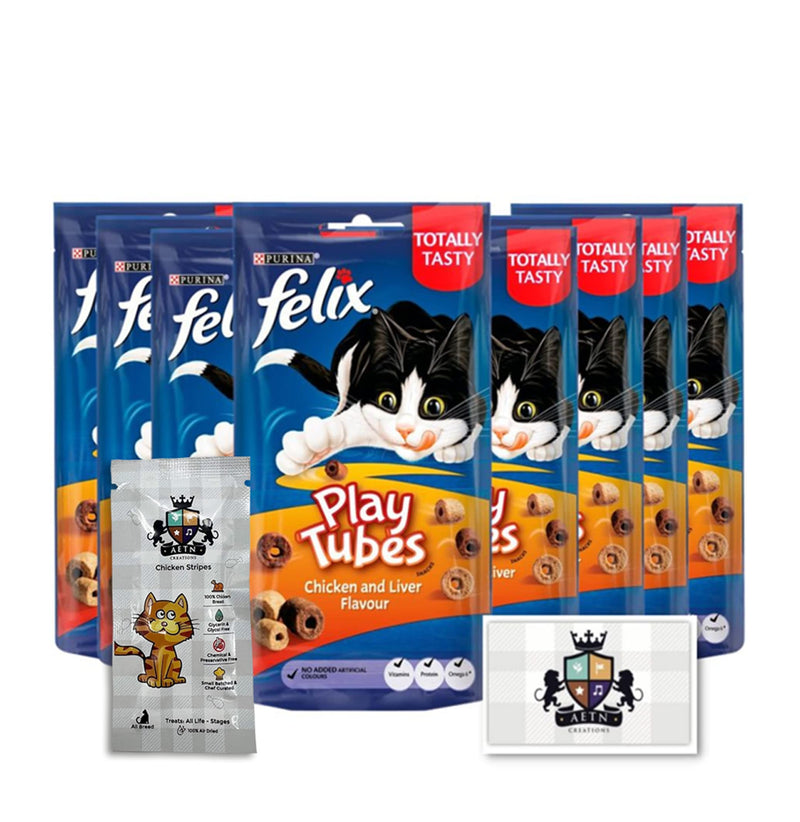 AETN Creations Felix Play Tubes Cat Treat Bundle Pack 8x50g Pouches Chicken and Liver Flavour plus AETN Chicken Stripes Treat Tasty Delicious Snack