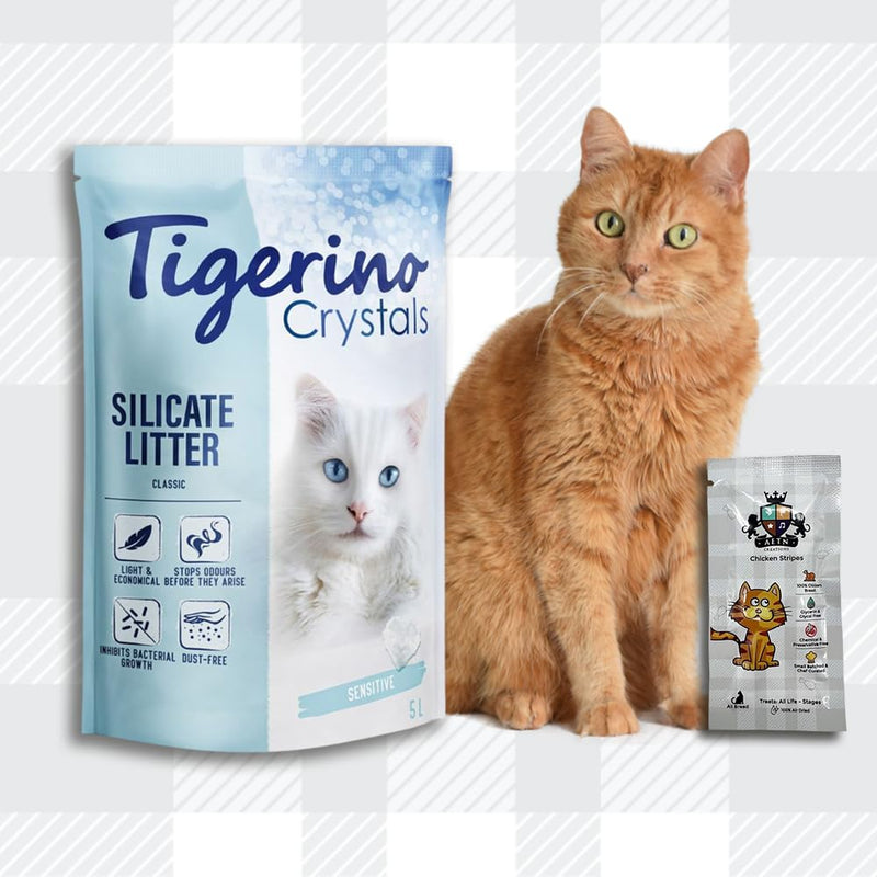 AETN Creations Tigerino Crystals Cat Litter Sensitive - 5L Cat Litter (Fragrance Free) plus AETN Creations Chicken Cat Treat, Ideal for Sensitive Cats