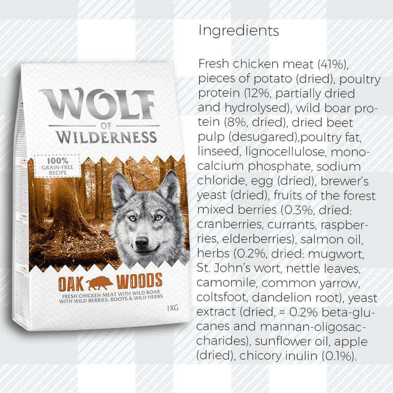 AETN Creations Wolf of Wilderness Oak Woods 1kg Dry Adult Food in Chicken and Wild Boar Protein, Grain-free Recipe with AETN Jerky Dog Treat