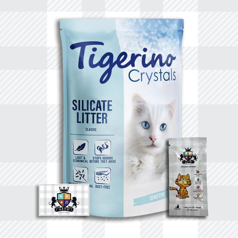 AETN Creations Tigerino Crystals Cat Litter Sensitive - 5L Cat Litter (Fragrance Free) plus AETN Creations Chicken Cat Treat, Ideal for Sensitive Cats