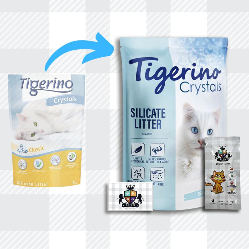 AETN Creations Tigerino Crystals Cat Litter Sensitive - 5L Cat Litter (Fragrance Free) plus AETN Creations Chicken Cat Treat, Ideal for Sensitive Cats