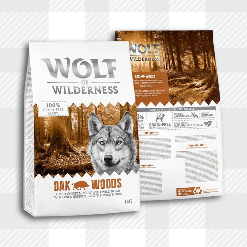 AETN Creations Wolf of Wilderness Oak Woods 1kg Dry Adult Food in Chicken and Wild Boar Protein, Grain-free Recipe with AETN Jerky Dog Treat